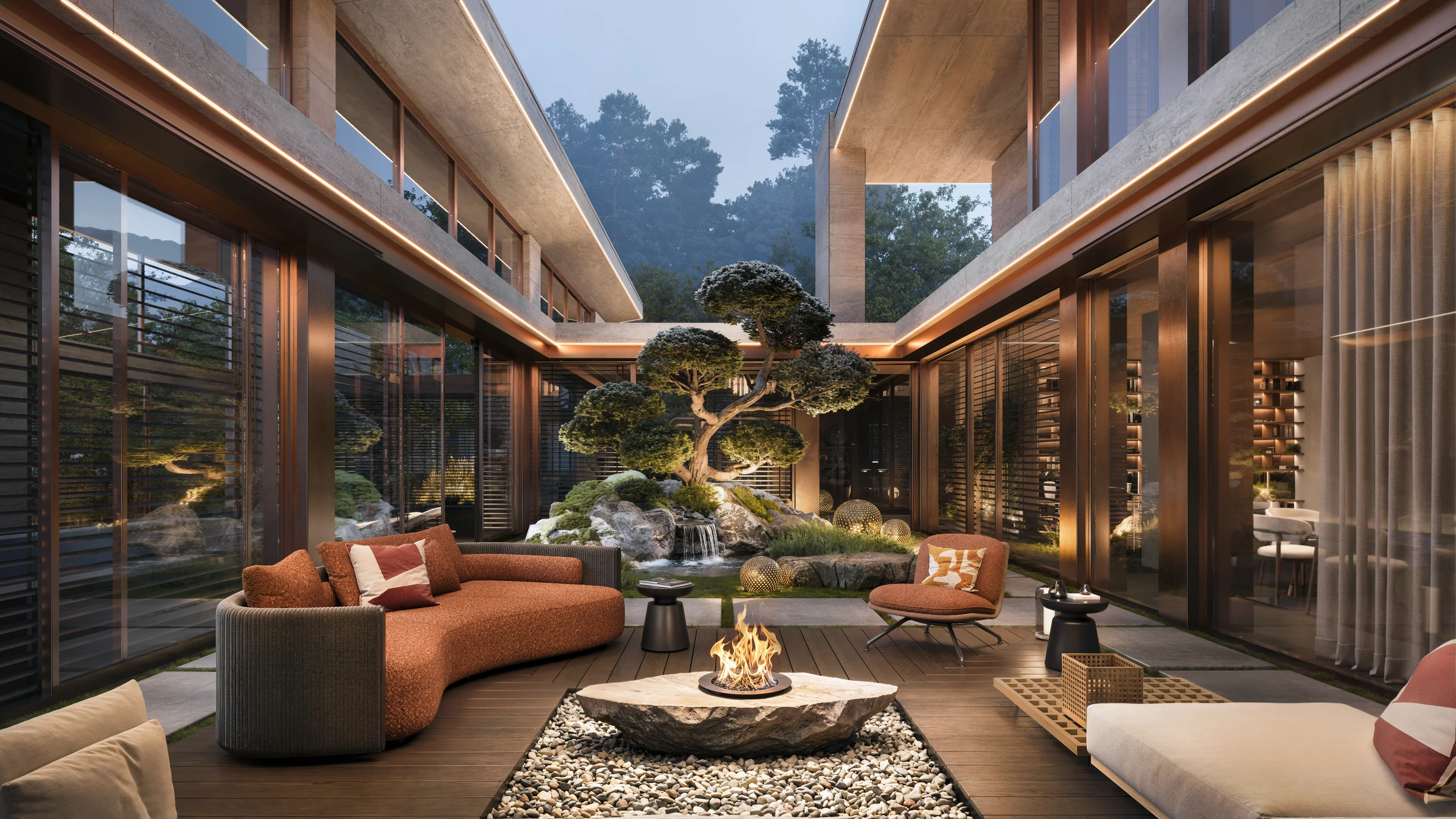 ENSO7 — courtyard lounge with bonsai garden